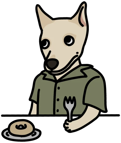 シャツを着て食卓につく、MIX犬keoのイラスト